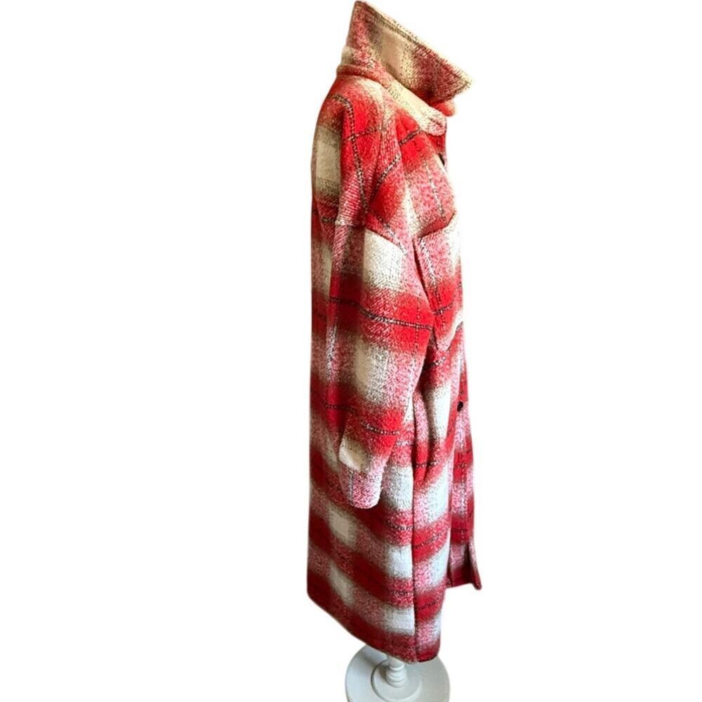 Mango Plaid Shirt Coat Red Black Cream Oversized Shacket Women’s M/L Wool Blend - Picture 6 of 11